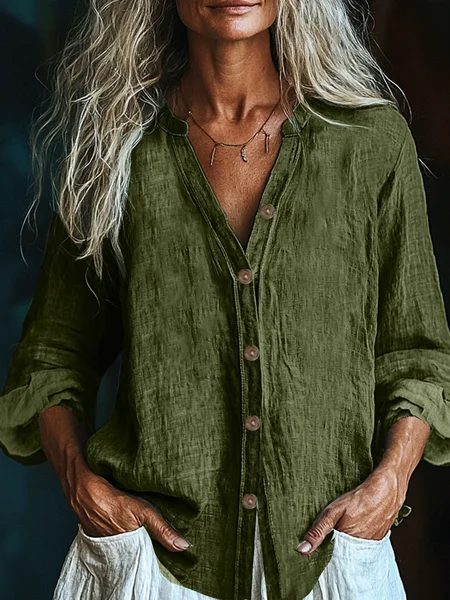 

Casual Plain V Neck Shirt, Army green, Blouses & Shirts