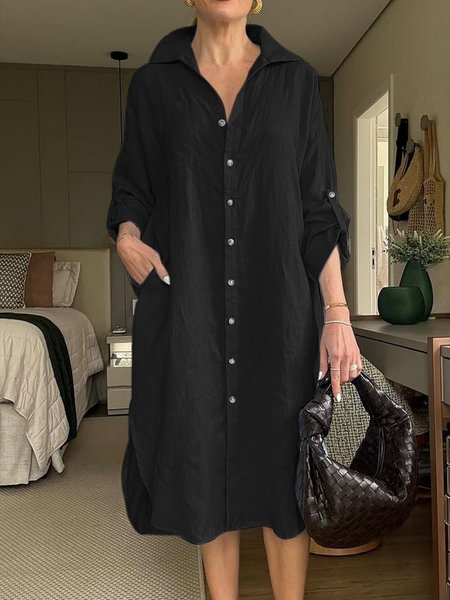

Casual Plain Shirt Collar Midi Dress, Black, Midi Dresses