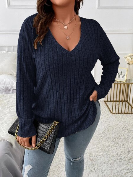 

Plain Sexy Loose V Neck Long-sleeved Ribbed Loose T-shirt, Deep blue, T-Shirts