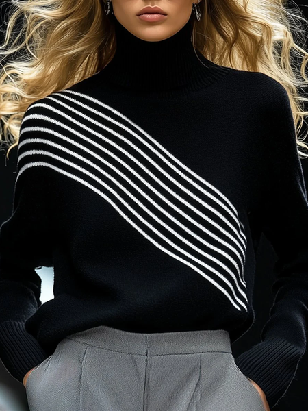

Yarn/Wool Yarn Casual Striped Mock Neck Sweater, Black, Pullovers
