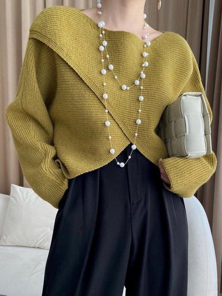 

Casual Plain Cross Crew Neck Sweater, Yellow, Pullovers
