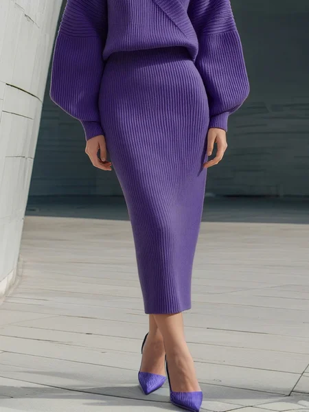 

Elegant Plain Midi Sweater Skirt, Purple, Skirts