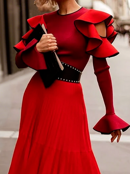 

Elegant Plain Peplum Crew Neck Blouse, Red, Blouses and Shirts