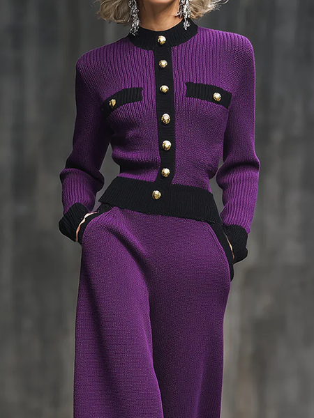 

Casual Color Block Stand Collar Sweater, Purple, Pullovers