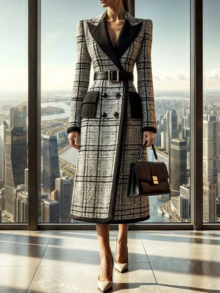 

Urban Split Joint Printing Plaid Lapel Collar Coat No Belt, Black, Coats