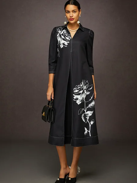 Casual Floral Print Pleated Shirt Collar Midi Dress