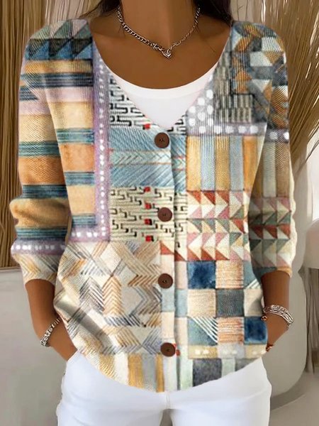 

Women Knitted Geometric Long Sleeve Comfy Vintage Cardigan, Color2, Cardigans