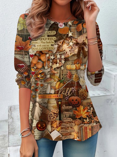 

Casual Floral Crew Neck Long Sleeve T-shirt, As picture, T-shirts