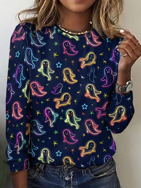 

Vintage Halloween Crew Neck Long Sleeve T-shirt, As picture, T-shirts