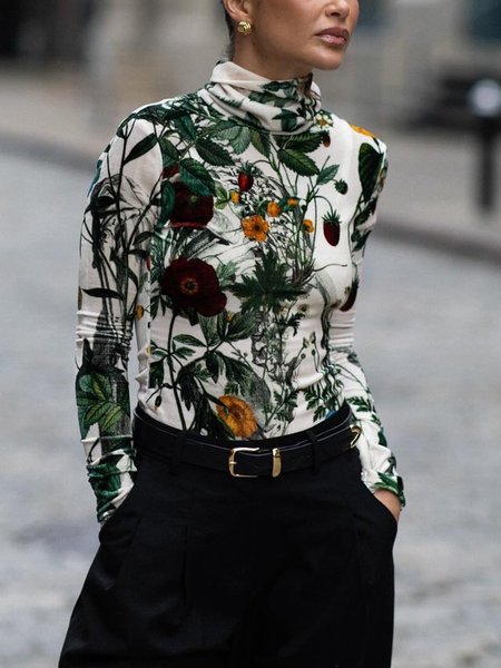 

Casual Floral Printing Turtleneck T-shirt, As picture, Tees