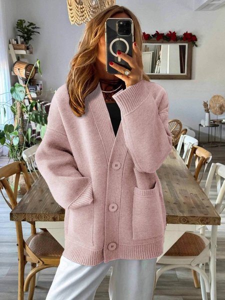 

Casual Plain V Neck Cardigan, Pink, Sweaters & Cardigans