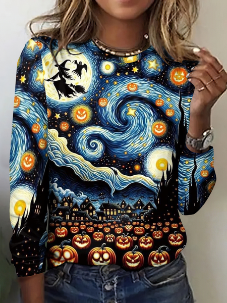 

Vintage Halloween Crew Neck Long Sleeve T-shirt, As picture, T-shirts