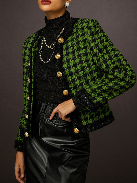 

Urban Colorblock Houndstooth Tweed Jacket with Metallic Buttons, Green, Jackets