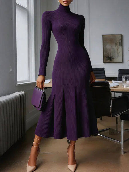 

Elegant Plain Turtleneck Sweater Midi Dress, Purple, Midi Dresses