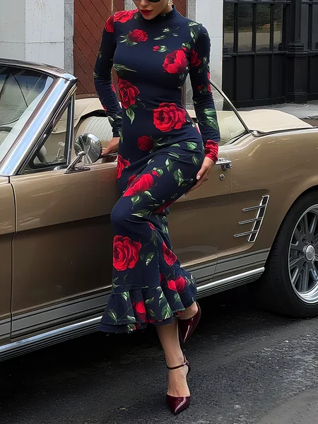 

Elegant Floral Printing Mock Neck Maxi Dress, Black-red, Maxi Dresses