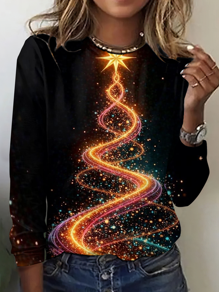 

Vintage Christmas Tree Crew Neck Long Sleeve T-shirt, As picture, T-shirts