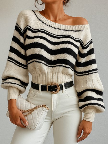 

Casual Striped Crew Neck Raglan Sleeves Sweater, Off white, Pullovers
