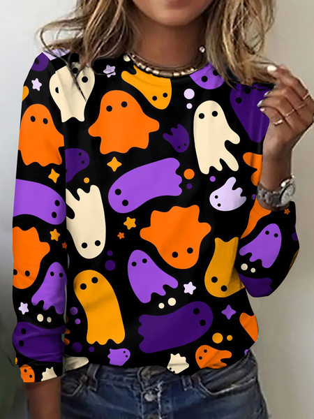 

Vintage Halloween Crew Neck Long Sleeve T-shirt, As picture, T-shirts
