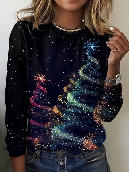 

Vintage Christmas Tree Crew Neck Long Sleeve T-shirt, As picture, T-shirts