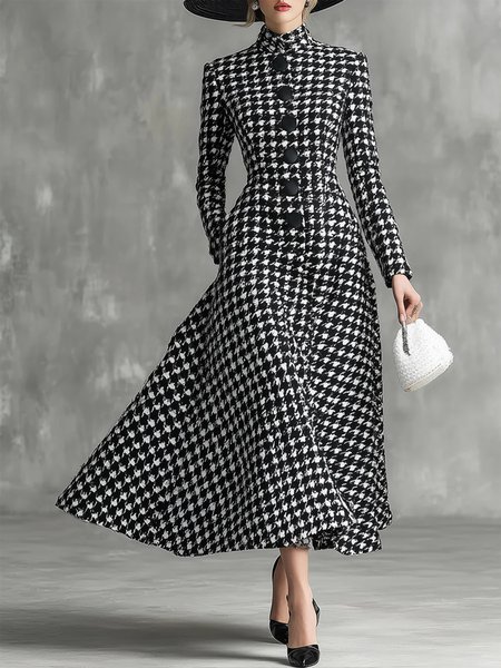 

Urban Buttoned Houndstooth Stand Collar Coat, Black-white, Coats