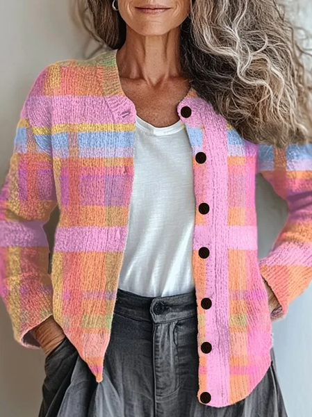 

Women Abstract Printing Long Sleeve Crew Neck Vintage Spring/Fall Cardigan Outerwear, Pink, Cardigans