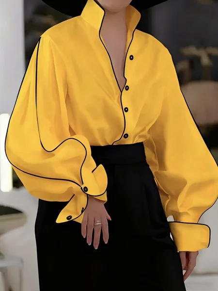 

Urban Color-Block Stand Collar Shirt, Yellow, Blouses and Shirts