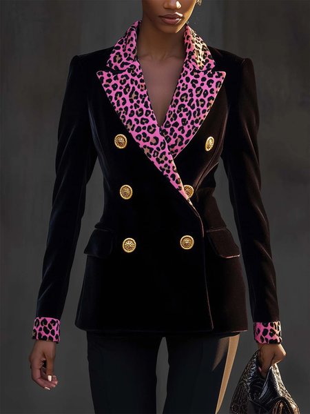 

Urban Split Joint Leopard Lapel Collar Blazer, Brown, Blazers