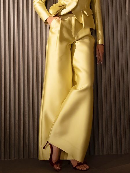 

Urban Plain Satin Fashion Wide Leg Pants, Yellow, Pants