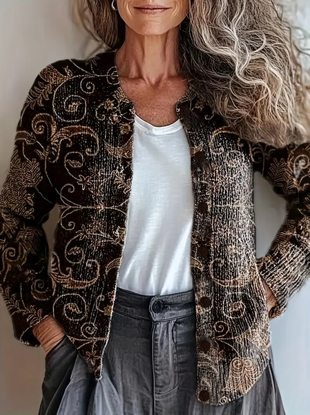 

Women Floral Printing Long Sleeve Crew Neck Vintage Spring/Fall Cardigan Outerwear, Brown, Cardigans