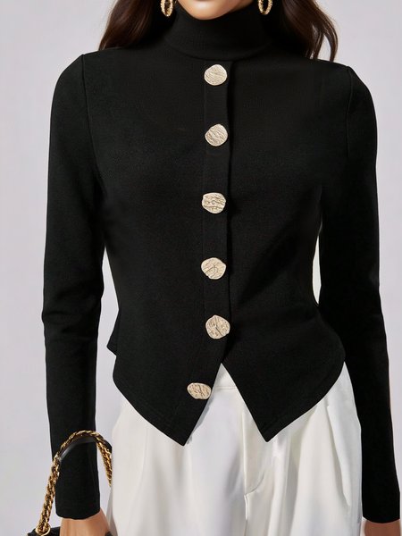 

Jersey Urban Plain Buttoned Turtleneck T-shirt, Black, Tees