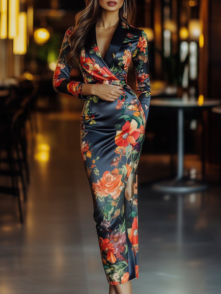 

Elegant Floral Printing V Neck Midi Dress, As picture, Midi Dresses