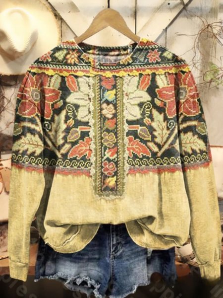 

Vintage Crew Neck Floral Sweatshirt, Yellow, Hoodies & Sweatshirts