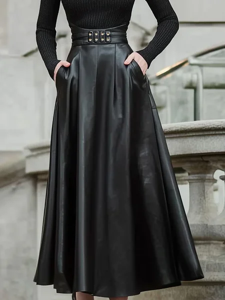 

Urban Buttoned Plain Maxi Faux Leather Skirt, Black, Skirts