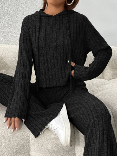 

Women's Embossed Plain Daily Going Out Two-Piece Set Purple Casual Spring/Fall Top With Pants Matching Set, Black, Suits