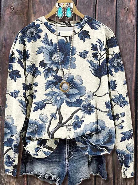 

Women Floral Crew Neck Printing Casual Spring/Fall Long Sleeve Sweatshirt, Blue, Sweatshirts & Hoodies
