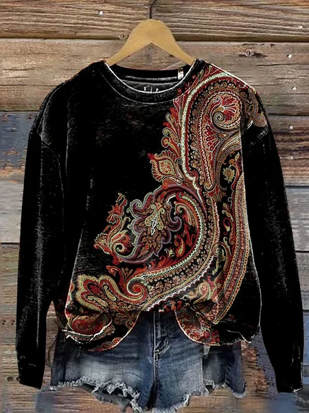 

Women Ethnic Crew Neck Printing Casual Spring/Fall Long Sleeve Sweatshirt, Black, Sweatshirts & Hoodies