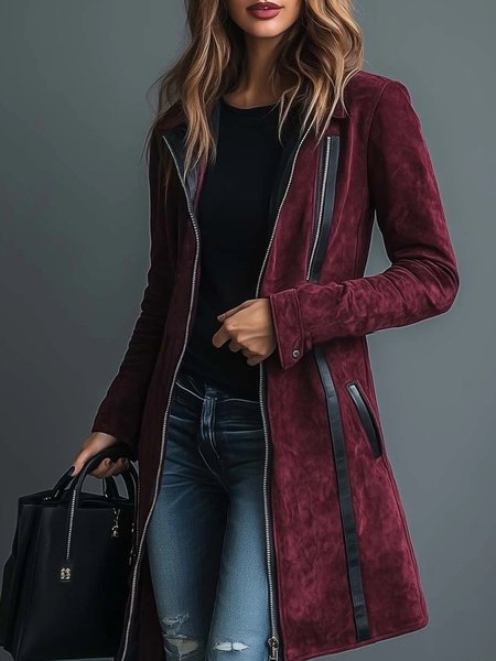 Urban Split Joint Plain Faux Leather Shawl Collar  Suede Coat