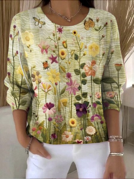 

Women Cotton Floral Long Sleeve Comfy Vintage Sweater, Lightgreen, Sweaters