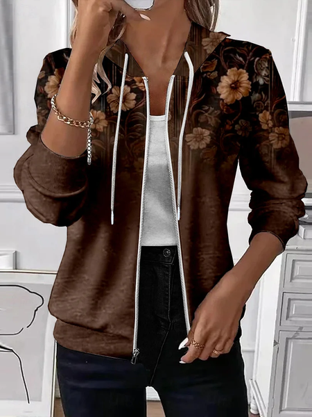 

Women Spring/Fall Outerwear Casual Printing Floral Long Sleeve Hoodie Jacket, Brown, Coats