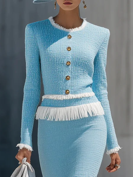 

Tweed Elegant Plain Buttoned Crew Neck Tassel Blouse, Blue, Blouses and Shirts