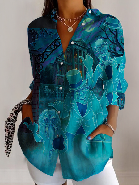 

V Neck Long Sleeve Halloween Regular Micro-Elasticity Regular Fit Shirt For Women, As picture, Shirts