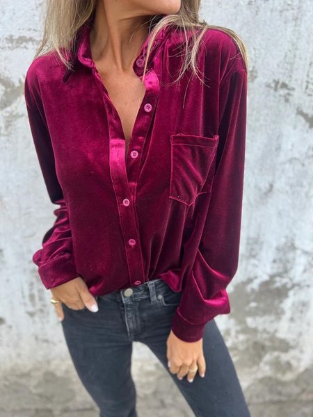 

Women's Long Sleeve Shirt Spring/Fall Coffee Plain Split Joint Pleuche V Neck Daily Going Out Casual Top, Fuchsia, Blouses & Shirts
