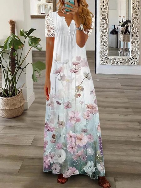 

Women Floral Long Sleeve Spring/Fall Printing Dress V Neck Daily Vintage Maxi T-Shirt Dress A-Line Dress, Color5, Dresses