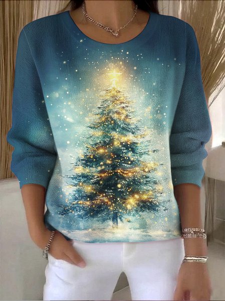

Women Cotton Floral Long Sleeve Comfy Vintage Sweater, Blue, Sweaters