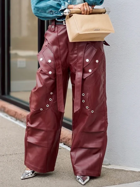 

Casual Plain Straight Faux Leather Pants, Wine red, Pants