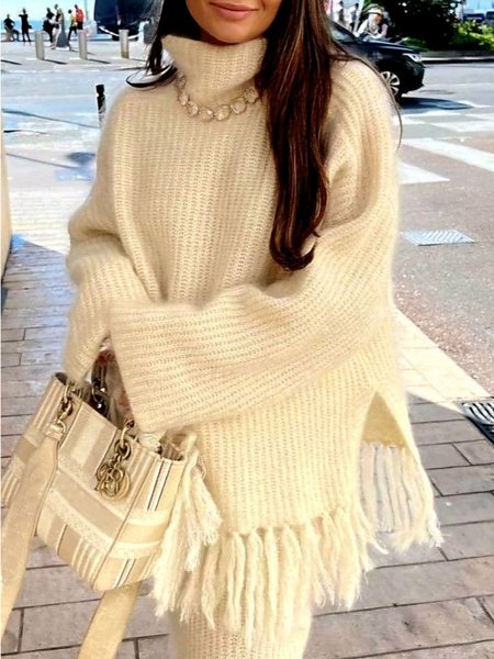 

Urban Plain Tassel Turtleneck Sweater, Off white, Pullovers