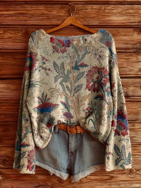 

Women Floral Long Sleeve Comfy Vintage Sweater, Brown, Sweaters