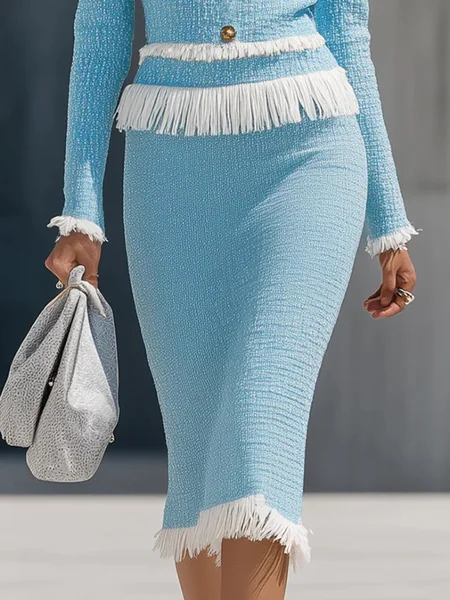 

Elegant Tassel Tweed Plain Midi Skirt, Blue, Skirts