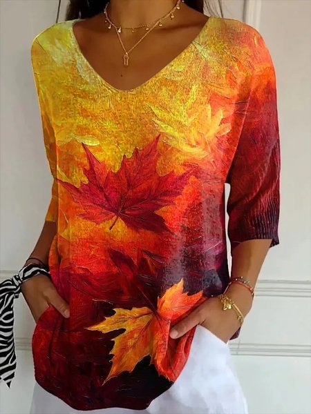 

Vintage Gradient Pattern V Neck Three Quarter Sleeve T-shirt, Color2, T-shirts