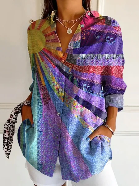 

V Neck Long Sleeve Geometric Regular Micro-Elasticity Regular Fit Shirt For Women, Purple, Shirts